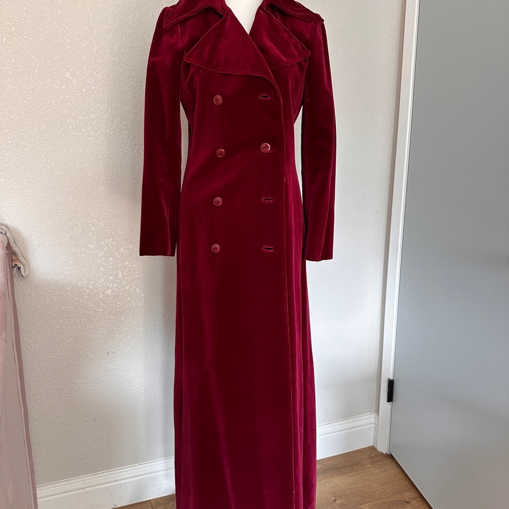 I. Magnin velvet burgandy long coat 53 inches long